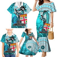Personalised Fiji Australia Rugby Family Matching Mermaid Dress and Hawaiian Shirt Kangaroo and Palm Tree Blue Tapa Pattern Mix Aboriginal LT03 - Polynesian Pride