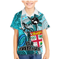 Personalised Fiji Australia Rugby Family Matching Mermaid Dress and Hawaiian Shirt Kangaroo and Palm Tree Blue Tapa Pattern Mix Aboriginal LT03 Son's Shirt Blue - Polynesian Pride