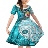 Personalised Fiji Australia Rugby Family Matching Off Shoulder Short Dress and Hawaiian Shirt Kangaroo and Palm Tree Blue Tapa Pattern Mix Aboriginal LT03 Daughter's Dress Blue - Polynesian Pride