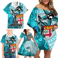 Personalised Fiji Australia Rugby Family Matching Off Shoulder Short Dress and Hawaiian Shirt Kangaroo and Palm Tree Blue Tapa Pattern Mix Aboriginal LT03 - Polynesian Pride