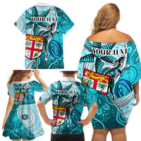 Personalised Fiji Australia Rugby Family Matching Off Shoulder Short Dress and Hawaiian Shirt Kangaroo and Palm Tree Blue Tapa Pattern Mix Aboriginal LT03 - Polynesian Pride