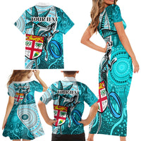 Personalised Fiji Australia Rugby Family Matching Short Sleeve Bodycon Dress and Hawaiian Shirt Kangaroo and Palm Tree Blue Tapa Pattern Mix Aboriginal LT03 - Polynesian Pride