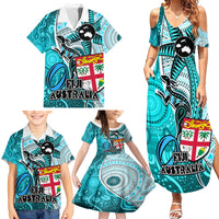 Personalised Fiji Australia Rugby Family Matching Summer Maxi Dress and Hawaiian Shirt Kangaroo and Palm Tree Blue Tapa Pattern Mix Aboriginal LT03 - Polynesian Pride