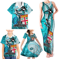 Personalised Fiji Australia Rugby Family Matching Tank Maxi Dress and Hawaiian Shirt Kangaroo and Palm Tree Blue Tapa Pattern Mix Aboriginal LT03 - Polynesian Pride