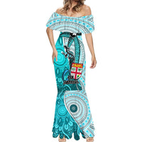 Personalised Fiji Australia Rugby Mermaid Dress Kangaroo and Palm Tree Blue Tapa Pattern Mix Aboriginal LT03 - Polynesian Pride