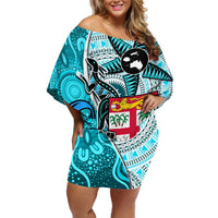 Personalised Fiji Australia Rugby Off Shoulder Short Dress Kangaroo and Palm Tree Blue Tapa Pattern Mix Aboriginal LT03 Women Blue - Polynesian Pride