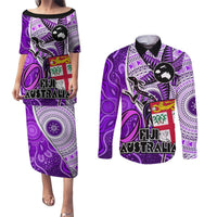 Fiji Australia Rugby Couples Matching Puletasi Dress and Long Sleeve Button Shirts Kangaroo and Palm Tree Purple Tapa Pattern Mix Aboriginal LT03 Purple - Polynesian Pride