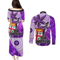 Fiji Australia Rugby Couples Matching Puletasi Dress and Long Sleeve Button Shirts Kangaroo and Palm Tree Purple Tapa Pattern Mix Aboriginal LT03 - Polynesian Pride