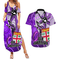 Fiji Australia Rugby Couples Matching Summer Maxi Dress and Hawaiian Shirt Kangaroo and Palm Tree Purple Tapa Pattern Mix Aboriginal LT03 Purple - Polynesian Pride