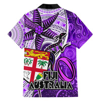 Fiji Australia Rugby Family Matching Long Sleeve Bodycon Dress and Hawaiian Shirt Kangaroo and Palm Tree Purple Tapa Pattern Mix Aboriginal LT03 - Polynesian Pride