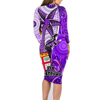 Fiji Australia Rugby Family Matching Long Sleeve Bodycon Dress and Hawaiian Shirt Kangaroo and Palm Tree Purple Tapa Pattern Mix Aboriginal LT03 - Polynesian Pride
