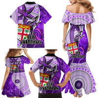 Fiji Australia Rugby Family Matching Mermaid Dress and Hawaiian Shirt Kangaroo and Palm Tree Purple Tapa Pattern Mix Aboriginal LT03 - Polynesian Pride