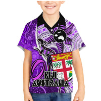 Fiji Australia Rugby Family Matching Mermaid Dress and Hawaiian Shirt Kangaroo and Palm Tree Purple Tapa Pattern Mix Aboriginal LT03 Son's Shirt Purple - Polynesian Pride