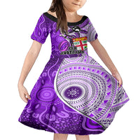 Fiji Australia Rugby Family Matching Short Sleeve Bodycon Dress and Hawaiian Shirt Kangaroo and Palm Tree Purple Tapa Pattern Mix Aboriginal LT03 Daughter's Dress Purple - Polynesian Pride