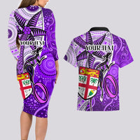 Personalised Fiji Australia Rugby Couples Matching Long Sleeve Bodycon Dress and Hawaiian Shirt Kangaroo and Palm Tree Purple Tapa Pattern Mix Aboriginal LT03 - Polynesian Pride