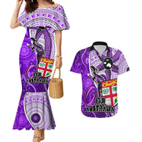 Personalised Fiji Australia Rugby Couples Matching Mermaid Dress and Hawaiian Shirt Kangaroo and Palm Tree Purple Tapa Pattern Mix Aboriginal LT03 Purple - Polynesian Pride