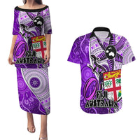 Personalised Fiji Australia Rugby Couples Matching Puletasi Dress and Hawaiian Shirt Kangaroo and Palm Tree Purple Tapa Pattern Mix Aboriginal LT03 Purple - Polynesian Pride