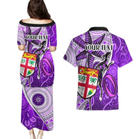 Personalised Fiji Australia Rugby Couples Matching Puletasi Dress and Hawaiian Shirt Kangaroo and Palm Tree Purple Tapa Pattern Mix Aboriginal LT03 - Polynesian Pride