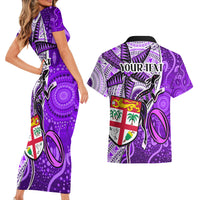 Personalised Fiji Australia Rugby Couples Matching Short Sleeve Bodycon Dress and Hawaiian Shirt Kangaroo and Palm Tree Purple Tapa Pattern Mix Aboriginal LT03 - Polynesian Pride