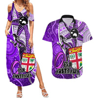Personalised Fiji Australia Rugby Couples Matching Summer Maxi Dress and Hawaiian Shirt Kangaroo and Palm Tree Purple Tapa Pattern Mix Aboriginal LT03 Purple - Polynesian Pride