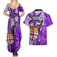 Personalised Fiji Australia Rugby Couples Matching Summer Maxi Dress and Hawaiian Shirt Kangaroo and Palm Tree Purple Tapa Pattern Mix Aboriginal LT03 - Polynesian Pride