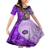 Personalised Fiji Australia Rugby Family Matching Mermaid Dress and Hawaiian Shirt Kangaroo and Palm Tree Purple Tapa Pattern Mix Aboriginal LT03 Daughter's Dress Purple - Polynesian Pride