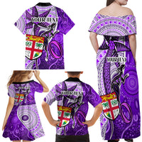 Personalised Fiji Australia Rugby Family Matching Off Shoulder Long Sleeve Dress and Hawaiian Shirt Kangaroo and Palm Tree Purple Tapa Pattern Mix Aboriginal LT03 - Polynesian Pride