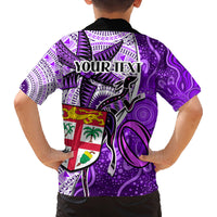 Personalised Fiji Australia Rugby Family Matching Off Shoulder Short Dress and Hawaiian Shirt Kangaroo and Palm Tree Purple Tapa Pattern Mix Aboriginal LT03 - Polynesian Pride