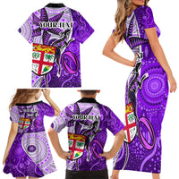 Personalised Fiji Australia Rugby Family Matching Short Sleeve Bodycon Dress and Hawaiian Shirt Kangaroo and Palm Tree Purple Tapa Pattern Mix Aboriginal LT03 - Polynesian Pride
