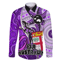 Personalised Fiji Australia Rugby Family Matching Short Sleeve Bodycon Dress and Hawaiian Shirt Kangaroo and Palm Tree Purple Tapa Pattern Mix Aboriginal LT03 Dad's Shirt - Long Sleeve Purple - Polynesian Pride