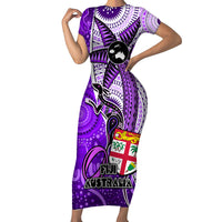 Personalised Fiji Australia Rugby Family Matching Short Sleeve Bodycon Dress and Hawaiian Shirt Kangaroo and Palm Tree Purple Tapa Pattern Mix Aboriginal LT03 Mom's Dress Purple - Polynesian Pride