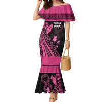 Breast Cancer Awareness Family Matching Mermaid Dress and Hawaiian Shirt Think Pink Polynesian Ribbon and Butterfly LT03 Mom's Dress Pink - Polynesian Pride
