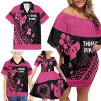 Breast Cancer Awareness Family Matching Off Shoulder Short Dress and Hawaiian Shirt Think Pink Polynesian Ribbon and Butterfly LT03 - Polynesian Pride
