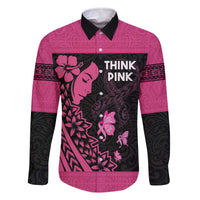 Breast Cancer Awareness Family Matching Off Shoulder Short Dress and Hawaiian Shirt Think Pink Polynesian Ribbon and Butterfly LT03 Dad's Shirt - Long Sleeve Pink - Polynesian Pride