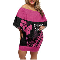 Breast Cancer Awareness Family Matching Off Shoulder Short Dress and Hawaiian Shirt Think Pink Polynesian Ribbon and Butterfly LT03 Mom's Dress Pink - Polynesian Pride