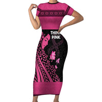 Breast Cancer Awareness Family Matching Short Sleeve Bodycon Dress and Hawaiian Shirt Think Pink Polynesian Ribbon and Butterfly LT03 Mom's Dress Pink - Polynesian Pride