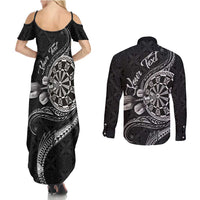 Personalised Niue Darts Masters Couples Matching Summer Maxi Dress and Long Sleeve Button Shirt Tribal Hiapo Dartboard - Polynesian Pride