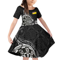 Personalised Niue Darts Masters Family Matching Off Shoulder Short Dress and Hawaiian Shirt Tribal Hiapo Dartboard LT03 Daughter's Dress Black - Polynesian Pride