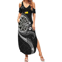 Personalised Niue Darts Masters Family Matching Summer Maxi Dress and Hawaiian Shirt Tribal Hiapo Dartboard LT03 Mom's Dress Black - Polynesian Pride