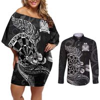 Personalised New Zealand Aotearoa Darts Masters Couples Matching Off Shoulder Short Dress and Long Sleeve Button Shirt Tribal Silver Fern and Ta Moko Dartboard LT03 Black - Polynesian Pride