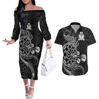 Personalised New Zealand Aotearoa Darts Masters Couples Matching Off The Shoulder Long Sleeve Dress and Hawaiian Shirt Tribal Silver Fern and Ta Moko Dartboard LT03 Black - Polynesian Pride
