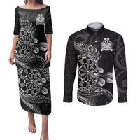 Personalised New Zealand Aotearoa Darts Masters Couples Matching Puletasi and Long Sleeve Button Shirt Tribal Silver Fern and Ta Moko Dartboard LT03 Black - Polynesian Pride