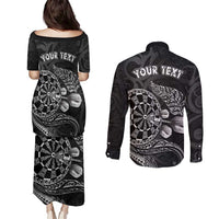 Personalised New Zealand Aotearoa Darts Masters Couples Matching Puletasi and Long Sleeve Button Shirt Tribal Silver Fern and Ta Moko Dartboard LT03 - Polynesian Pride