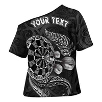Personalised New Zealand Aotearoa Darts Masters Cross Shoulder Shirt Tribal Silver Fern and Ta Moko Dartboard LT03 - Polynesian Pride