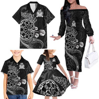 Personalised New Zealand Aotearoa Darts Masters Family Matching Off The Shoulder Long Sleeve Dress and Hawaiian Shirt Tribal Silver Fern and Ta Moko Dartboard LT03 - Polynesian Pride