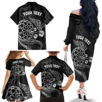 Personalised New Zealand Aotearoa Darts Masters Family Matching Off The Shoulder Long Sleeve Dress and Hawaiian Shirt Tribal Silver Fern and Ta Moko Dartboard LT03 - Polynesian Pride