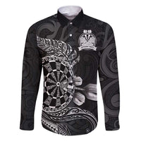 Personalised New Zealand Aotearoa Darts Masters Family Matching Short Sleeve Bodycon Dress and Hawaiian Shirt Tribal Silver Fern and Ta Moko Dartboard LT03 Dad's Shirt - Long Sleeve Black - Polynesian Pride