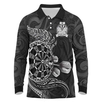 Personalised New Zealand Aotearoa Darts Masters Long Sleeve Polo Shirt Tribal Silver Fern and Ta Moko Dartboard LT03 Black - Polynesian Pride