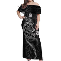 Personalised New Zealand Aotearoa Darts Masters Off Shoulder Maxi Dress Tribal Silver Fern and Ta Moko Dartboard LT03 Women Black - Polynesian Pride