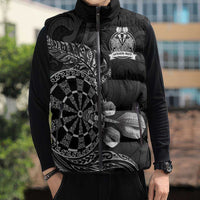 Personalised New Zealand Aotearoa Darts Masters Sleeveless Puffer Jacket Tribal Silver Fern and Ta Moko Dartboard - Polynesian Pride